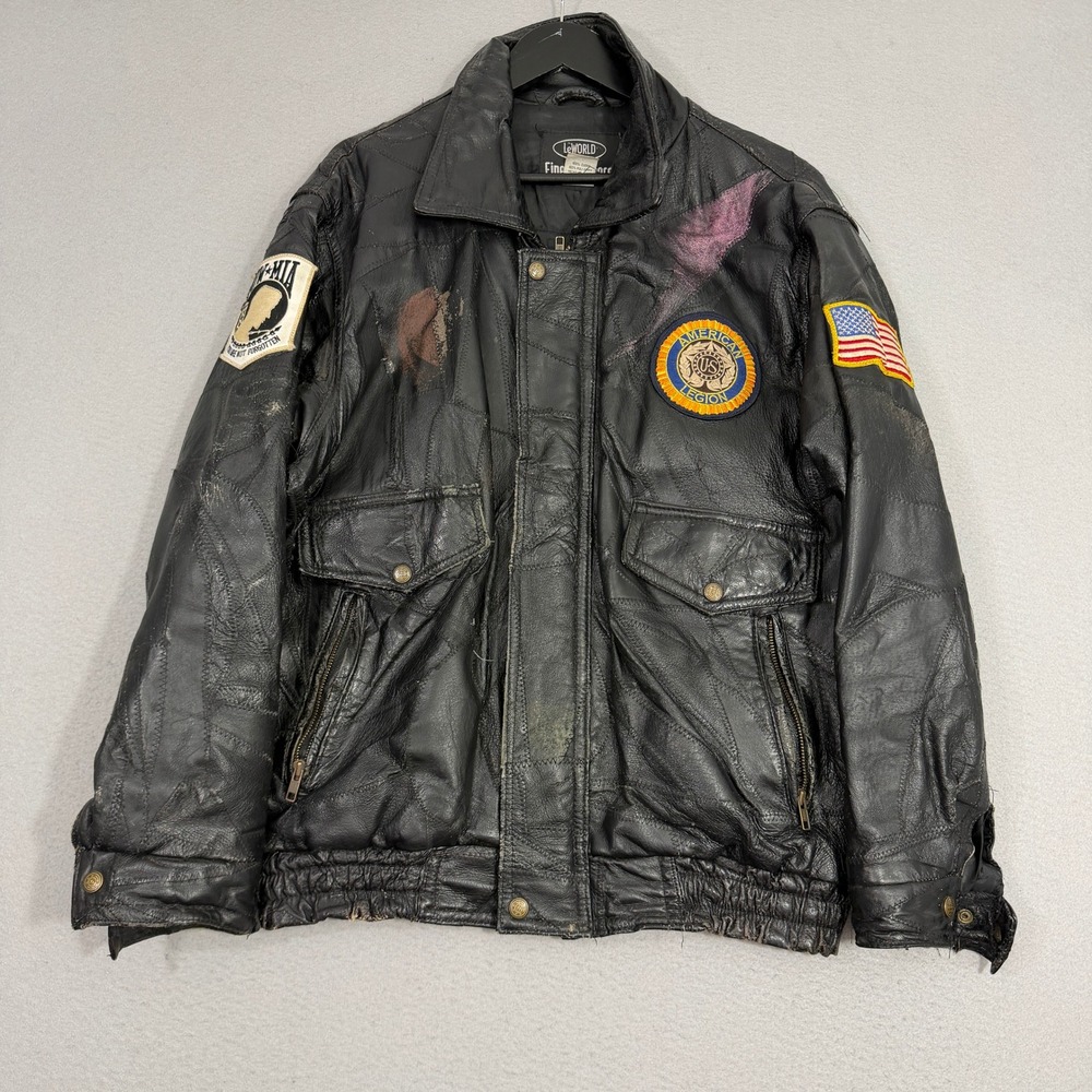 Vintage LeWorld Bomber Jacket Medium Black Military Patches Distressed 90s Biker